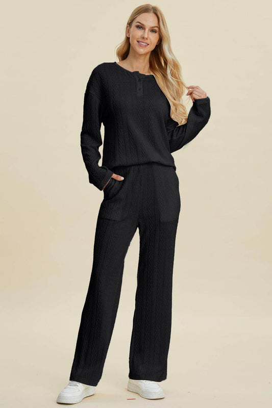 Double Take Full Size Cable-Knit Long Sleeve Top Pants Set