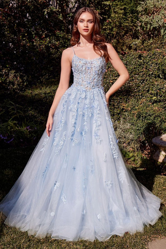 Light Blue 3D Floral Tulle Ball Gown with Sheer Corset Bodice